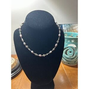 Anne Klein Grey Pearl and Smoky Glass Beaded Station Necklace Silver Tone